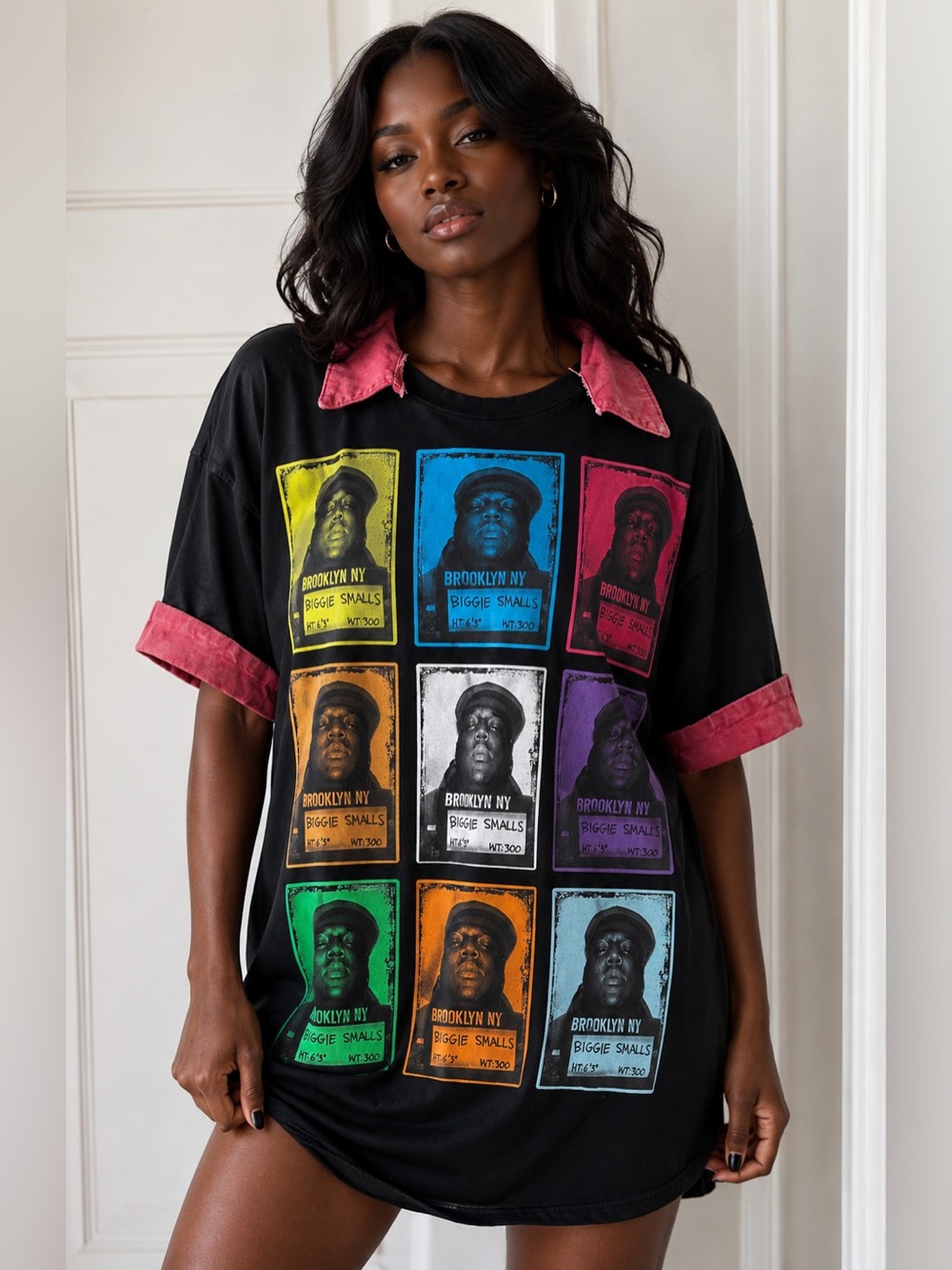 Upcycled Biggie Black Oversized Graphic Tee with Multicolor Biggie Prints size L